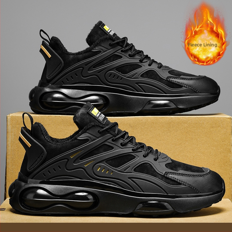 Jesenné a zimné trendy čierne vzduchové vankúše, univerzálne, hrubá podrážka, zvyšujúca výšku, nepremokavé športové topánky s flísovou podšívkou, teplé bavlnené topánky pre otcov, ležérne pánske topánky
