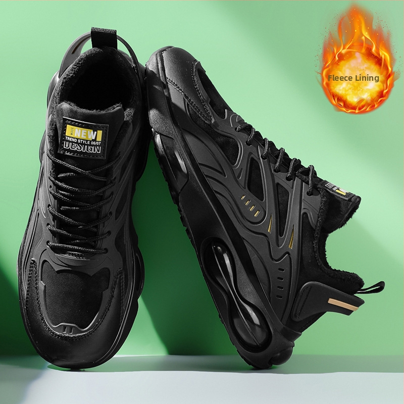 Jesenné a zimné trendy čierne vzduchové vankúše, univerzálne, hrubá podrážka, zvyšujúca výšku, nepremokavé športové topánky s flísovou podšívkou, teplé bavlnené topánky pre otcov, ležérne pánske topánky