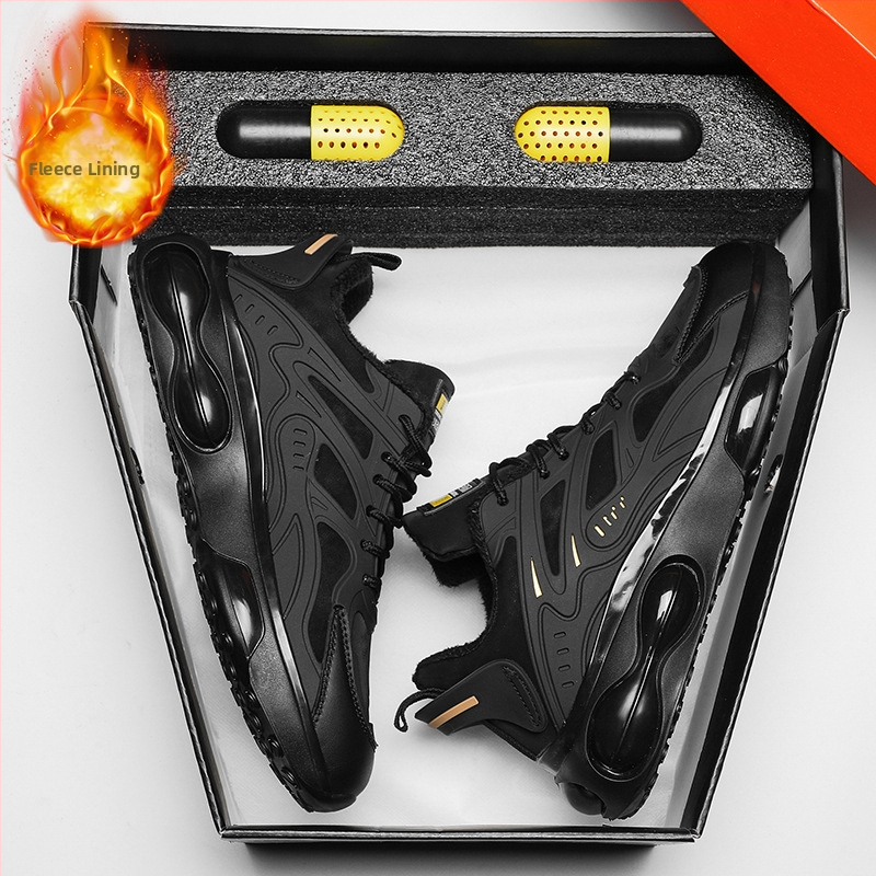Jesenné a zimné trendy čierne vzduchové vankúše, univerzálne, hrubá podrážka, zvyšujúca výšku, nepremokavé športové topánky s flísovou podšívkou, teplé bavlnené topánky pre otcov, ležérne pánske topánky
