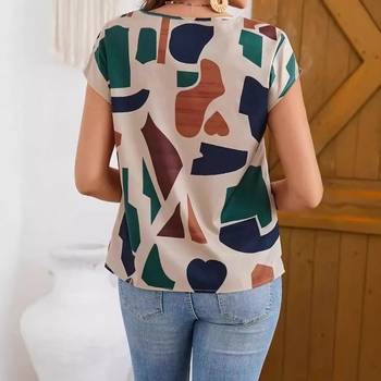 Άνοιξη και Καλοκαίρι 2024 Temu Amazon Cross-Border Ευρωπαϊκό και Αμερικανικό Νέο Πουκάμισο Color Block με Στρογγυλή Λαιμόκοψη, Casual Πουκάμισο με Κοντά Μανίκια