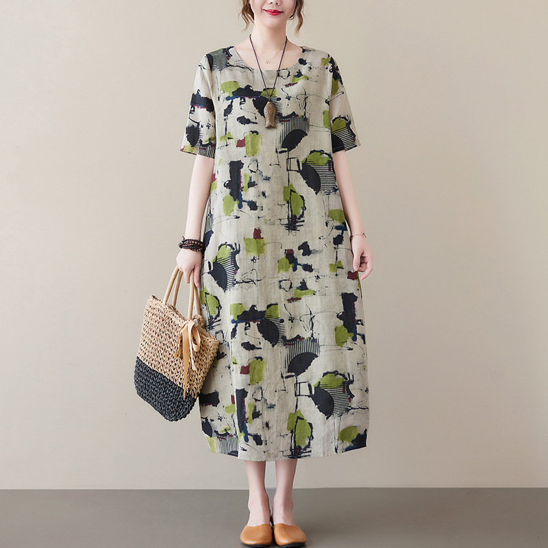 Prava snimka 2022. ljetna retro umjetnička široka odjeća za žene većih veličina bucmasta djevojka pamučna lanena haljina iznad koljena srednje duljine