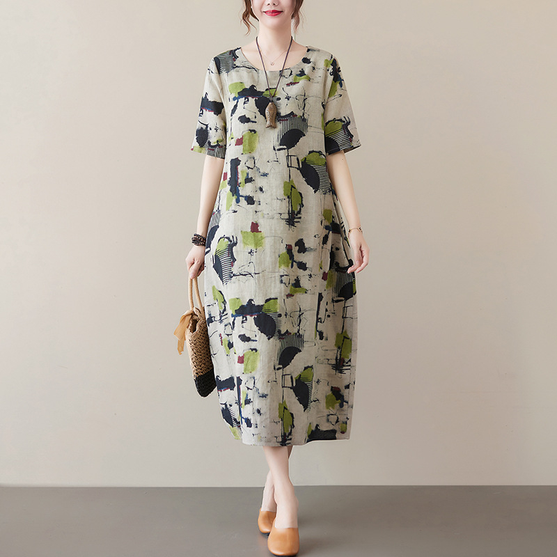 Prava snimka 2022. ljetna retro umjetnička široka odjeća za žene većih veličina bucmasta djevojka pamučna lanena haljina iznad koljena srednje duljine
