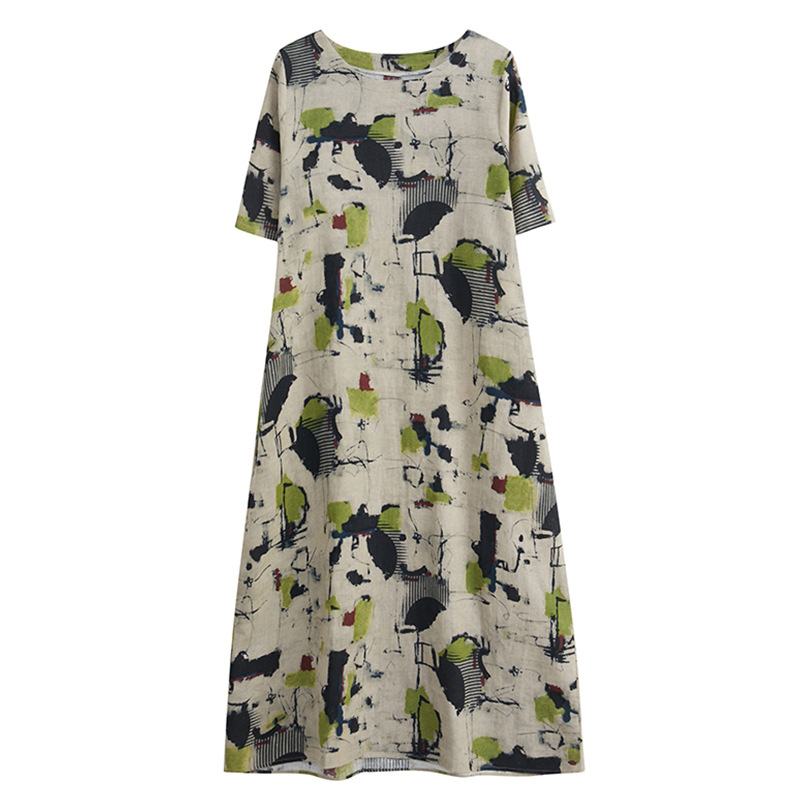 Prava snimka 2022. ljetna retro umjetnička široka odjeća za žene većih veličina bucmasta djevojka pamučna lanena haljina iznad koljena srednje duljine