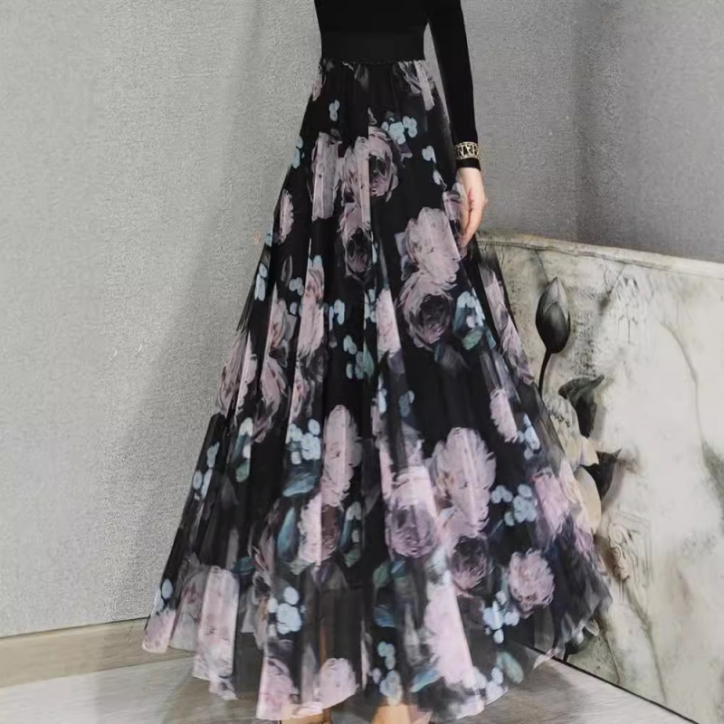 Francúzsky dovolenkový štýl, vysoká mierne veľká sukňa, dlhá sukňa v áčkovom strihu, letná kvetinová sukňa s potlačou