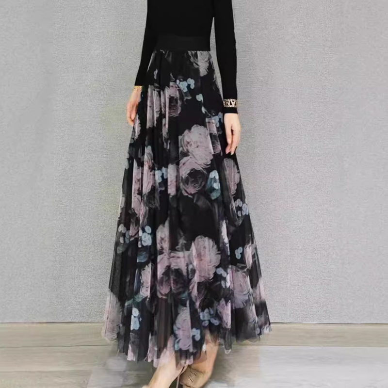 Francúzsky dovolenkový štýl, vysoká mierne veľká sukňa, dlhá sukňa v áčkovom strihu, letná kvetinová sukňa s potlačou