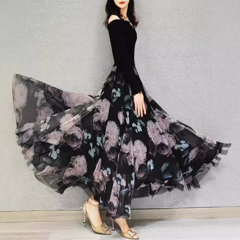 Francúzsky dovolenkový štýl, vysoká mierne veľká sukňa, dlhá sukňa v áčkovom strihu, letná kvetinová sukňa s potlačou