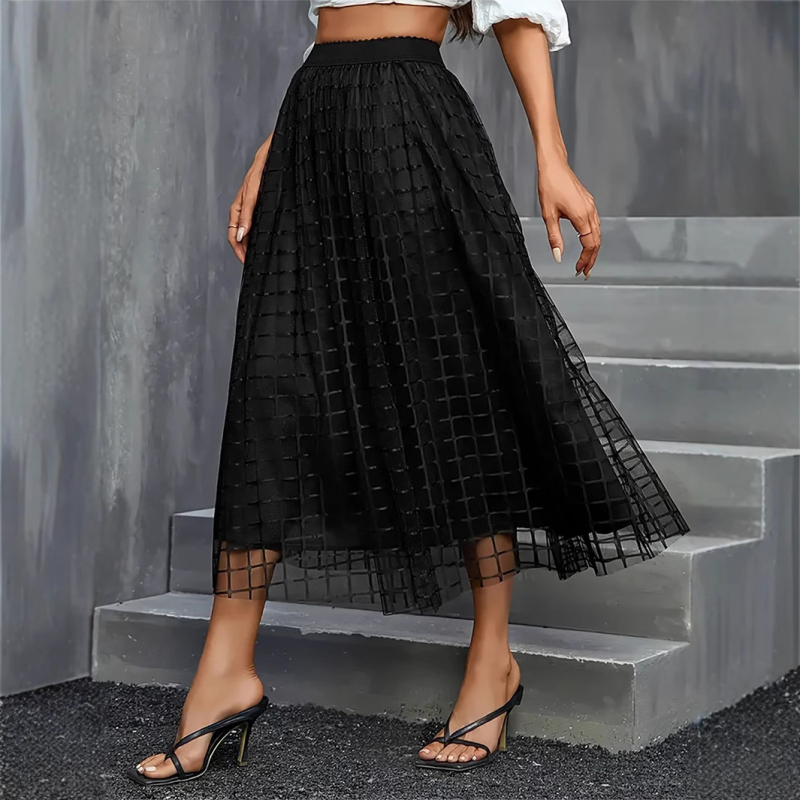 Cezhraničná Amazonská európska a americká dámska móda pre plus size ženy, elegantná čipkovaná štýlová pásová sieťovaná sukňa strednej dĺžky