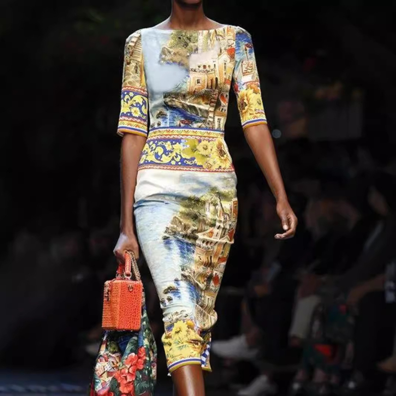 Contor de rochii de designer italian, fotografie reală, cele mai bine vândute haine europene și americane, cu mânecă scurtă, croială slim fit