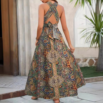 2024 m. „Aliexpress“ europietiškos ir amerikietiškos moteriškos tarpvalstybinės naujos elegantiškos mados bohemiškos suknelės be nugaros, aukštu juosmeniu.