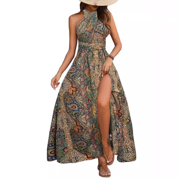 2024 m. „Aliexpress“ europietiškos ir amerikietiškos moteriškos tarpvalstybinės naujos elegantiškos mados bohemiškos suknelės be nugaros, aukštu juosmeniu.