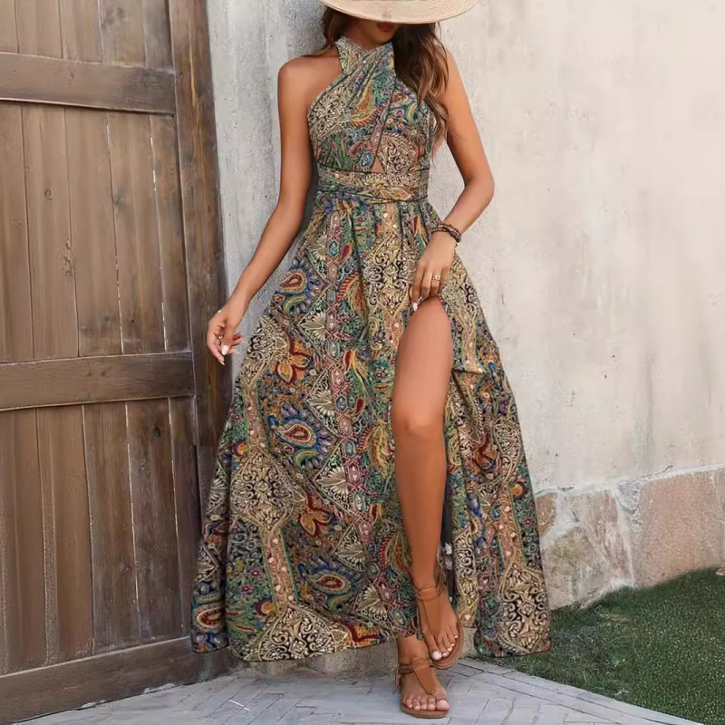 2024 m. „Aliexpress“ europietiškos ir amerikietiškos moteriškos tarpvalstybinės naujos elegantiškos mados bohemiškos suknelės be nugaros, aukštu juosmeniu.