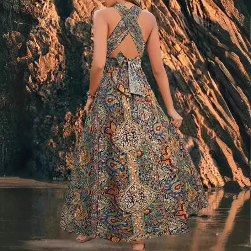 2024 Aliexpress femei europene și americane transfrontaliere nouă elegantă la modă cu talie înaltă boemă rochie fără spate