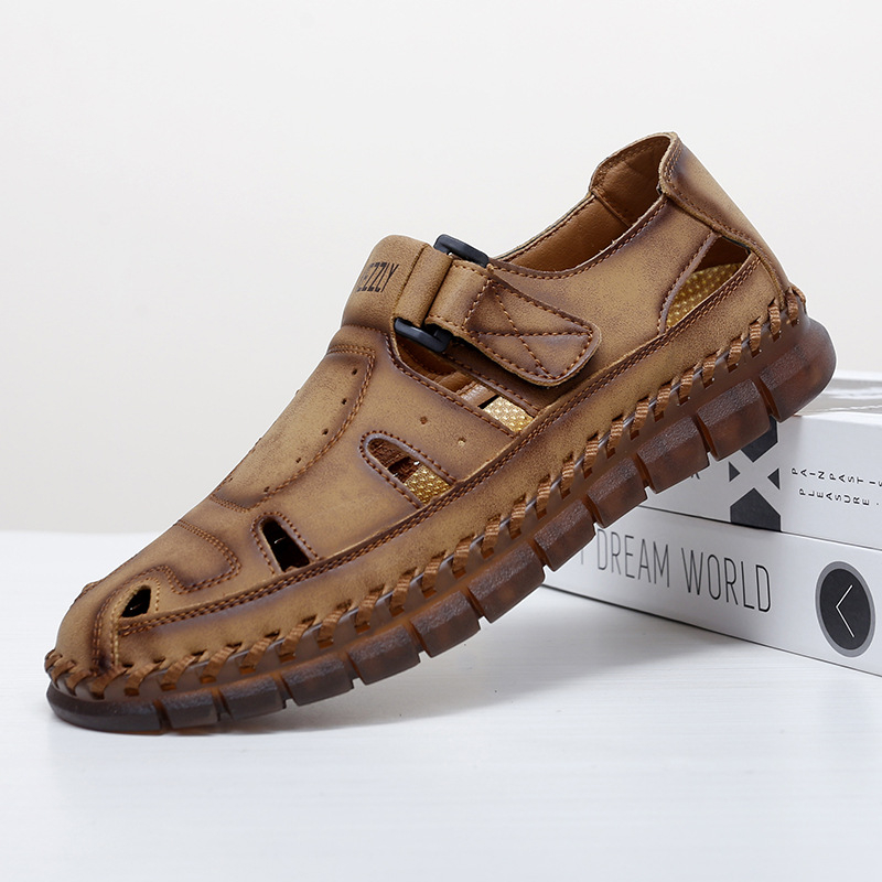 Pantofi de vară pentru bărbați, sandale casual, pantofi din piele lucrați manual, pantofi de exterior transfrontalieri, pantofi respirabili cu vârful picioarelor, pantofi cu velcro pentru primăvară și vară