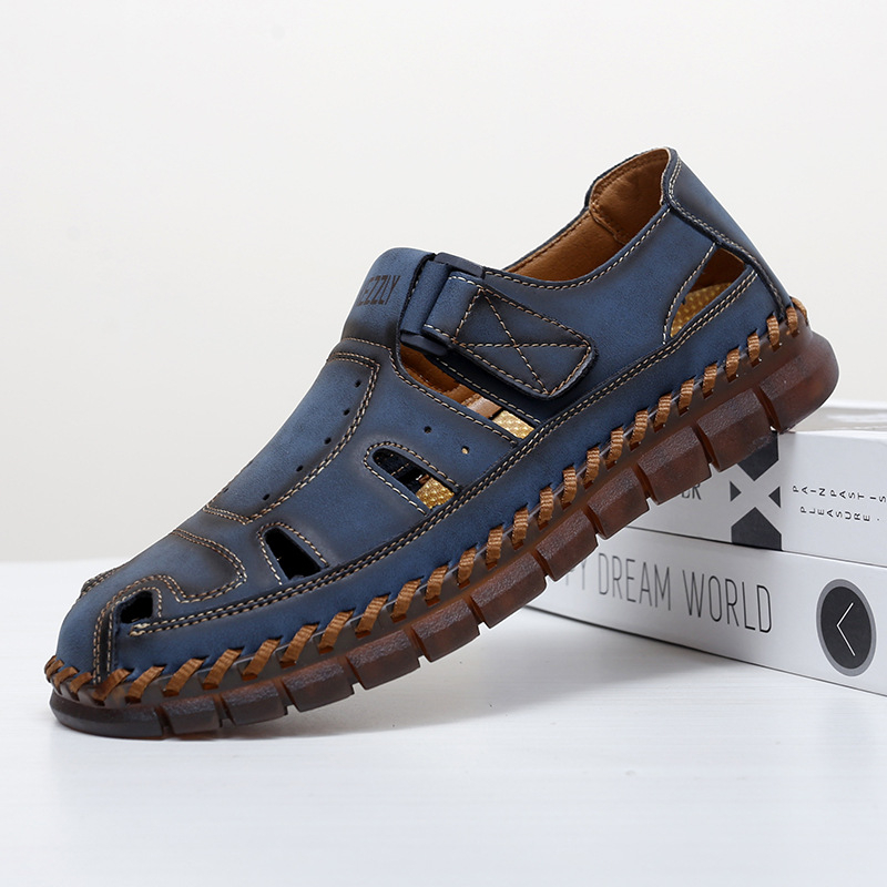 Pantofi de vară pentru bărbați, sandale casual, pantofi din piele lucrați manual, pantofi de exterior transfrontalieri, pantofi respirabili cu vârful picioarelor, pantofi cu velcro pentru primăvară și vară