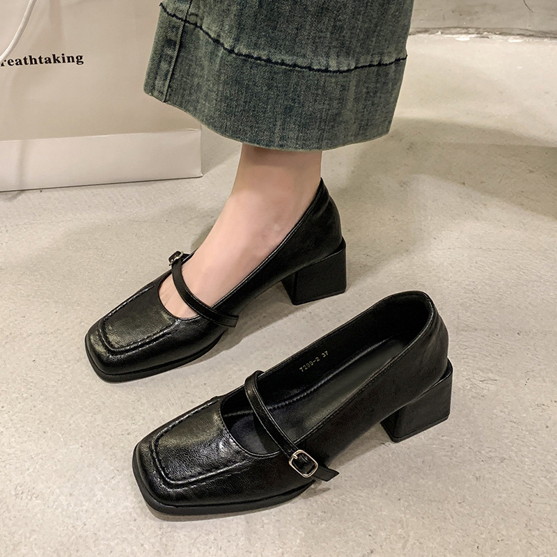 Vintage βραδινά παπούτσια με χοντρά τακούνια, γαλλικά παπούτσια μονής στρώσης, γυναικεία παπούτσια 2025, νέα μαύρα μικρά δερμάτινα παπούτσια Mary Jane για την άνοιξη και το φθινόπωρο