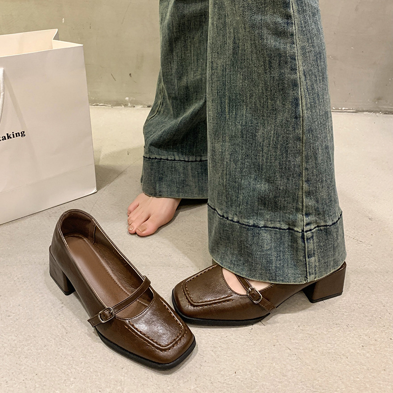 Vintage βραδινά παπούτσια με χοντρά τακούνια, γαλλικά παπούτσια μονής στρώσης, γυναικεία παπούτσια 2025, νέα μαύρα μικρά δερμάτινα παπούτσια Mary Jane για την άνοιξη και το φθινόπωρο