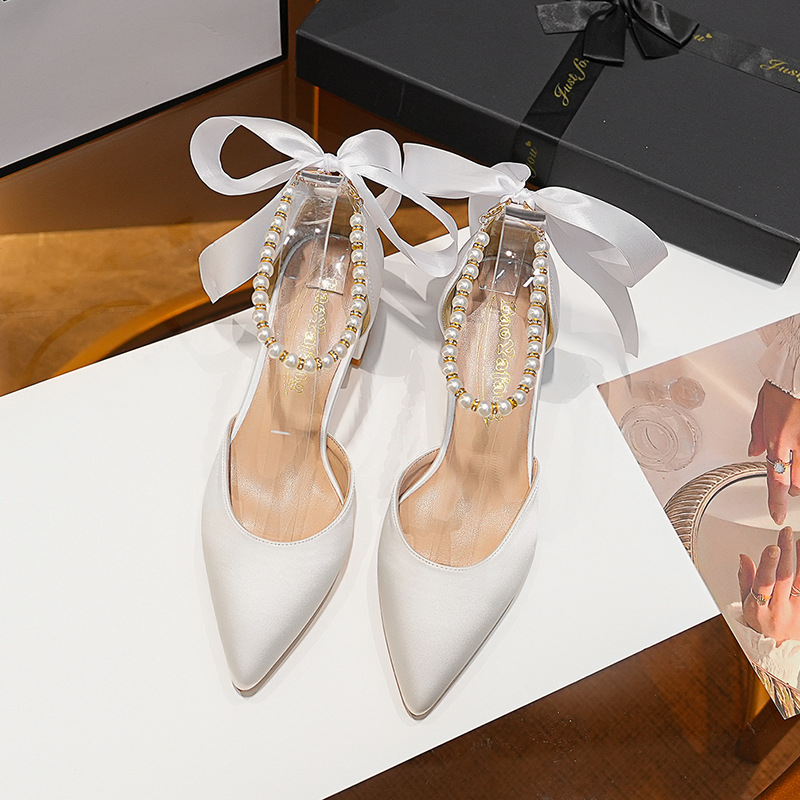 Opasok Baoya Room s hrubým podpätkom a špicatou dutou perlovou prackou, retro saténový ryžovo-marhuľový, univerzálny, vhodný na dochádzanie do práce