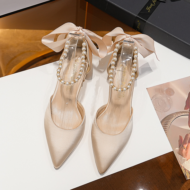 Opasok Baoya Room s hrubým podpätkom a špicatou dutou perlovou prackou, retro saténový ryžovo-marhuľový, univerzálny, vhodný na dochádzanie do práce