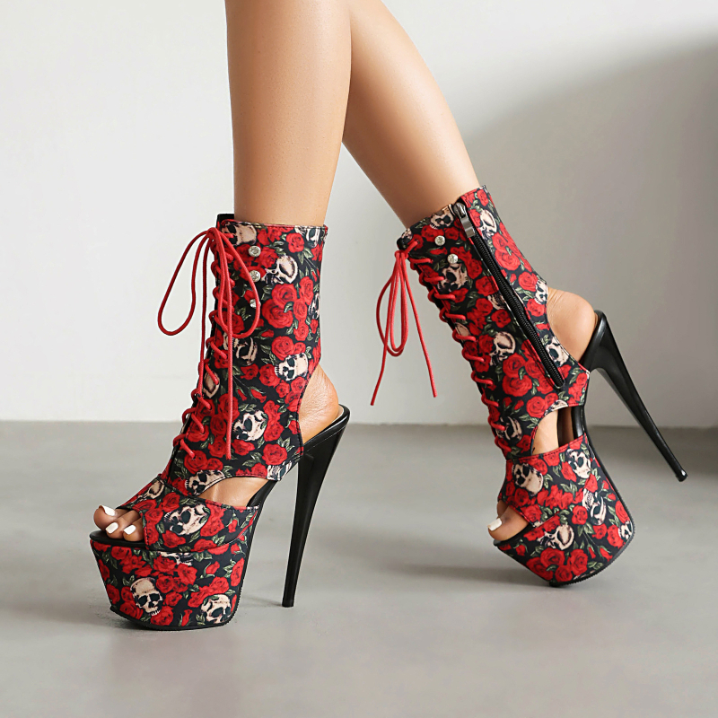 Sandale Fishmouth de vară impermeabile cu platformă 16CM toc stiletto super toc imprimat material posterior gol femei tocuri înalte scenă pantofi pentru femei