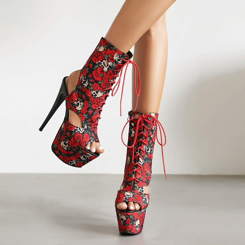 Sandale Fishmouth de vară impermeabile cu platformă 16CM toc stiletto super toc imprimat material posterior gol femei tocuri înalte scenă pantofi pentru femei