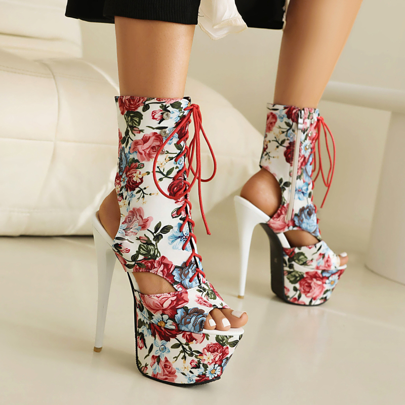 Sandale Fishmouth de vară impermeabile cu platformă 16CM toc stiletto super toc imprimat material posterior gol femei tocuri înalte scenă pantofi pentru femei