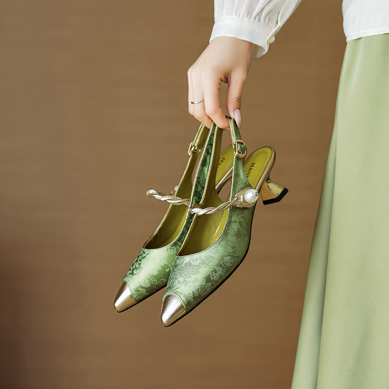 Нови китайски стил кожени сандали с пръсти, дамски обувки с френски заострен пръст, еднослойни обувки със среден ток, цветни блокове и задни празни обувки на висок ток