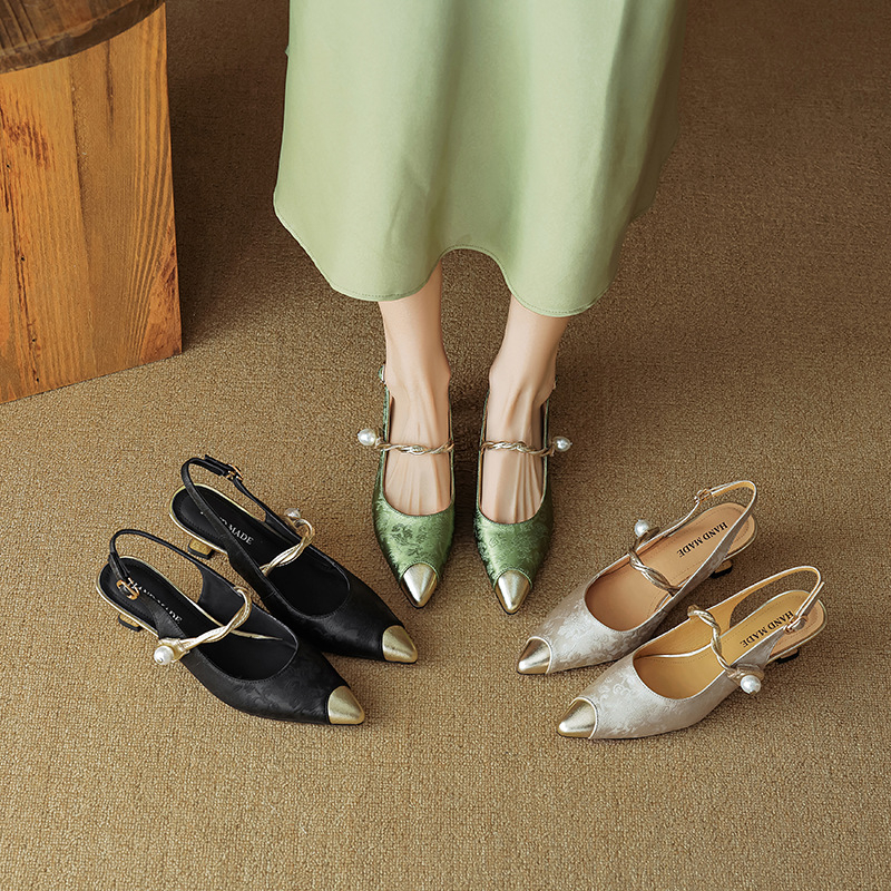 Нови китайски стил кожени сандали с пръсти, дамски обувки с френски заострен пръст, еднослойни обувки със среден ток, цветни блокове и задни празни обувки на висок ток