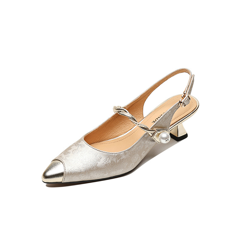 Нови китайски стил кожени сандали с пръсти, дамски обувки с френски заострен пръст, еднослойни обувки със среден ток, цветни блокове и задни празни обувки на висок ток