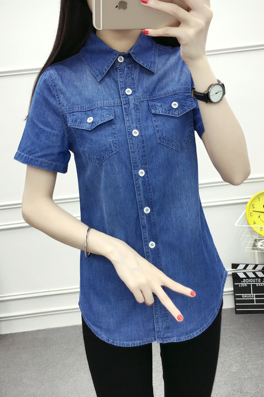 Real Shot Vara Nou Denim Cămașă Femei Cu Mânecă Scurtă Plus Size Bumbac Slim-Fit All-match Subțire Denim