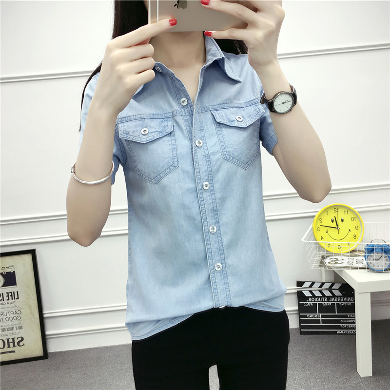 Real Shot Vara Nou Denim Cămașă Femei Cu Mânecă Scurtă Plus Size Bumbac Slim-Fit All-match Subțire Denim