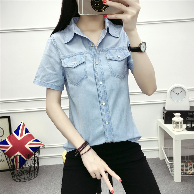 Real Shot Vara Nou Denim Cămașă Femei Cu Mânecă Scurtă Plus Size Bumbac Slim-Fit All-match Subțire Denim