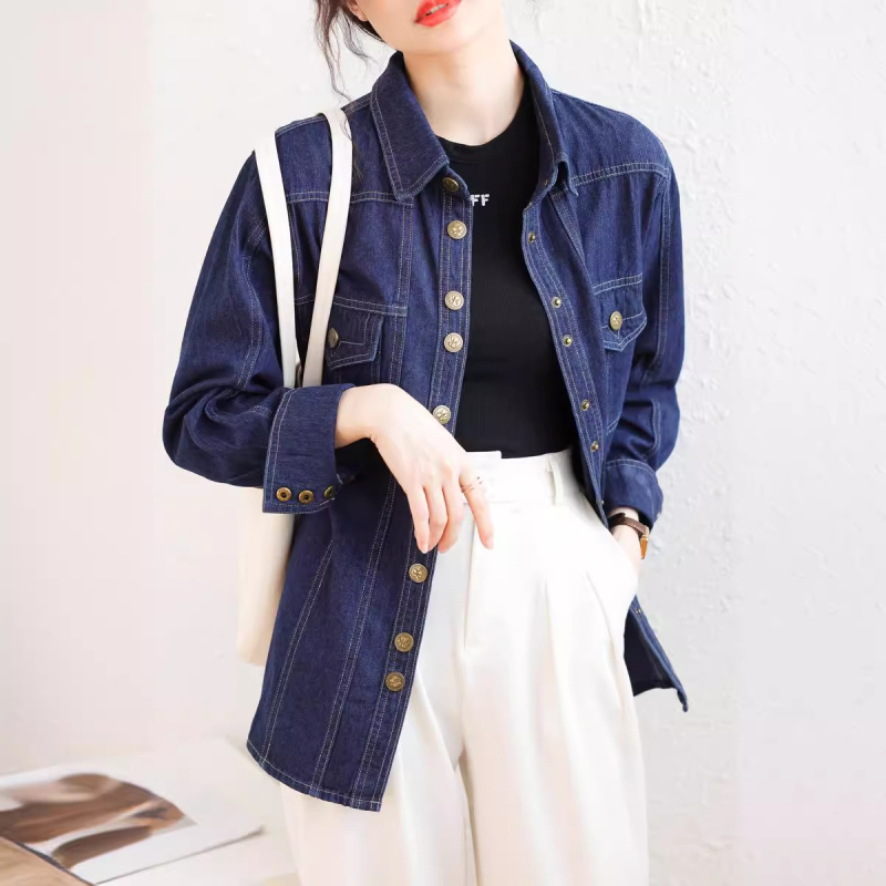 Cămașă din denim cu cataramă metalică retro, cu fotografie reală, pentru femei, primăvară și toamnă, cu design de top, tip nișă, cămașă interioară