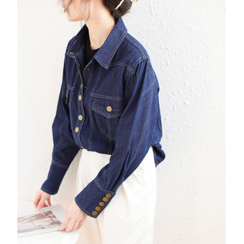 Cămașă din denim cu cataramă metalică retro, cu fotografie reală, pentru femei, primăvară și toamnă, cu design de top, tip nișă, cămașă interioară