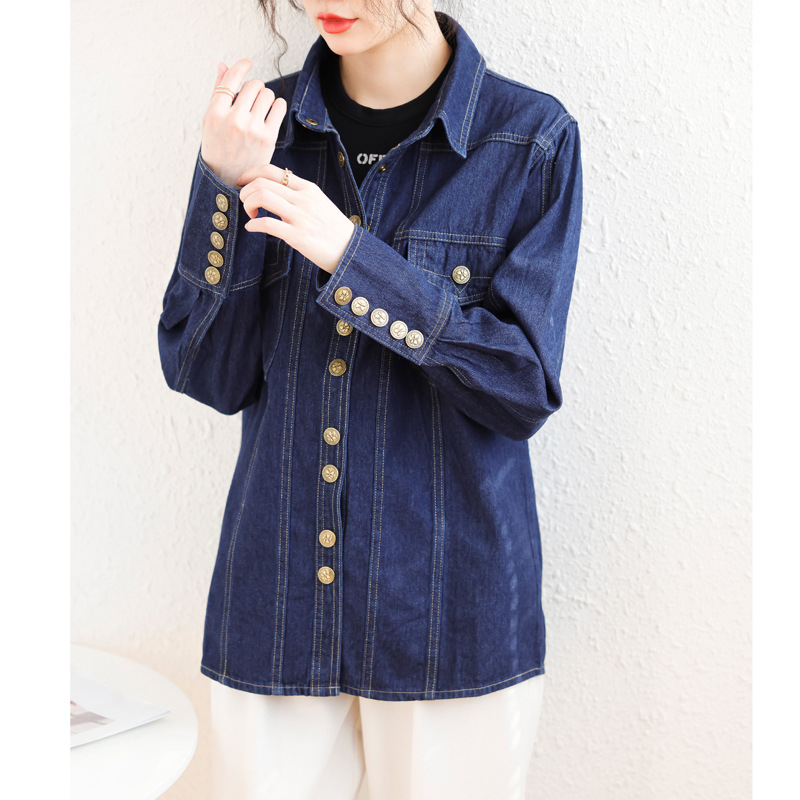 Cămașă din denim cu cataramă metalică retro, cu fotografie reală, pentru femei, primăvară și toamnă, cu design de top, tip nișă, cămașă interioară