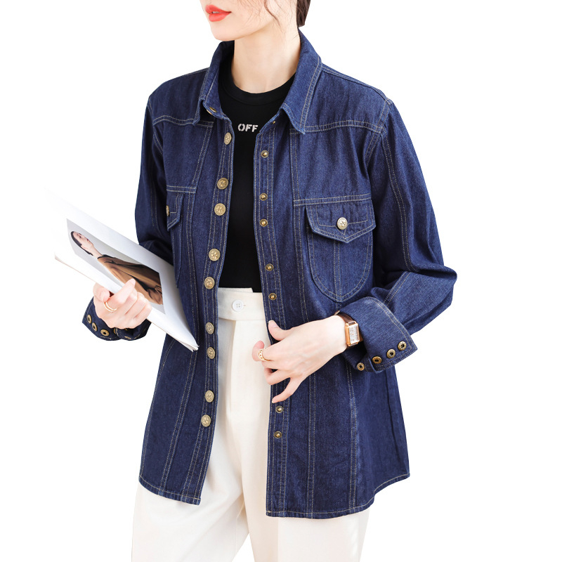 Cămașă din denim cu cataramă metalică retro, cu fotografie reală, pentru femei, primăvară și toamnă, cu design de top, tip nișă, cămașă interioară