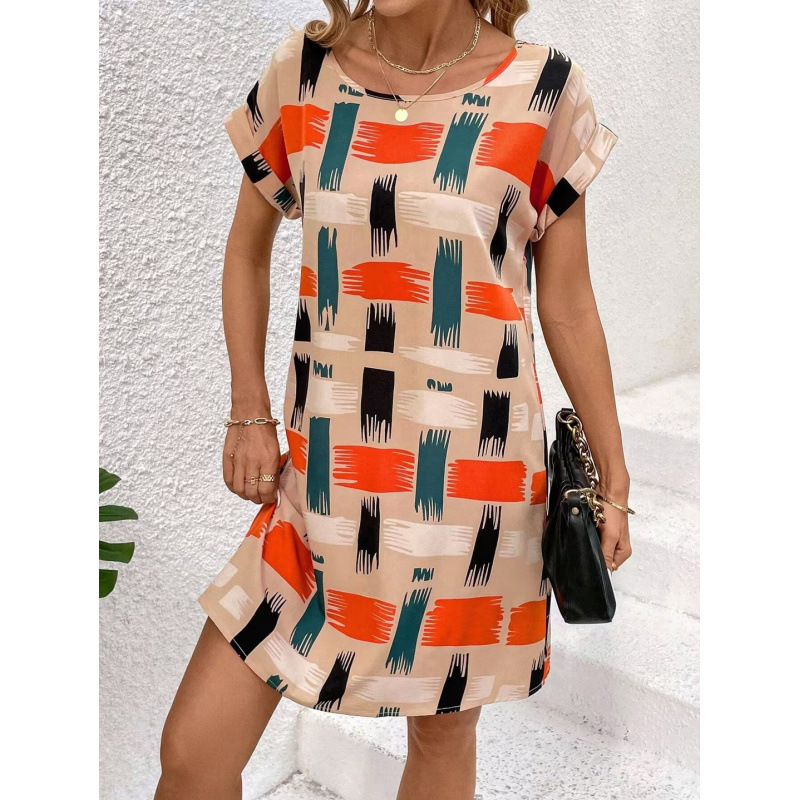 Comerț exterior transfrontalier nou în stoc Europa și Statele Unite Amazon vară cu mânecă scurtă pentru femei imprimate cu mânecă de liliac rochie rotundă