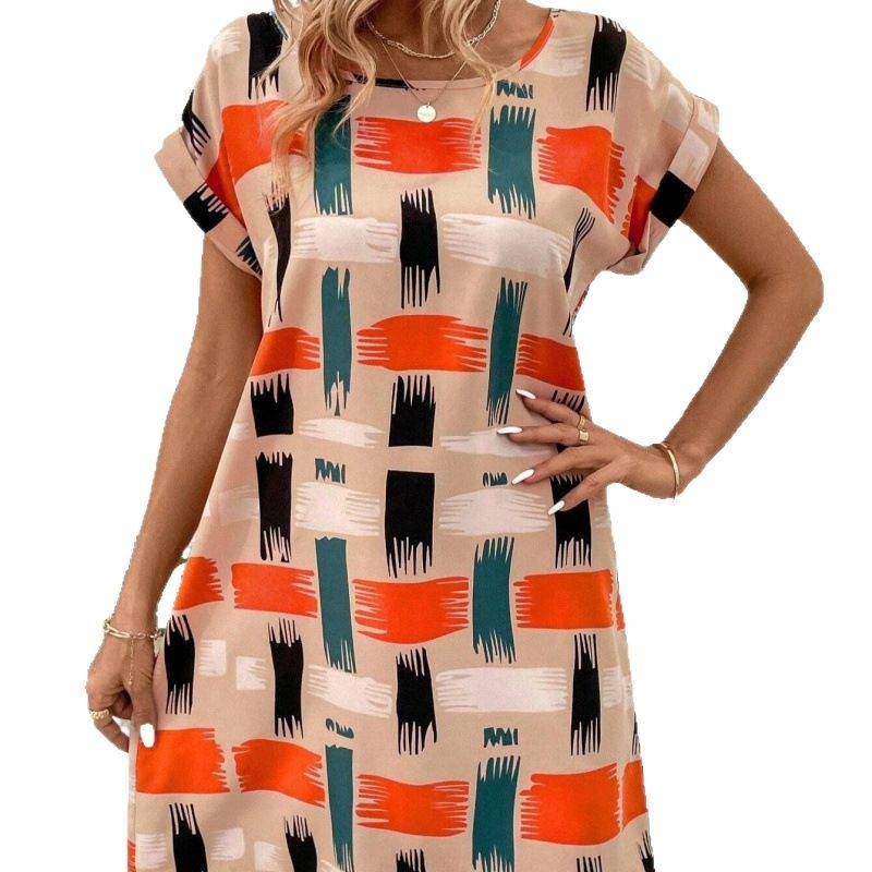Comerț exterior transfrontalier nou în stoc Europa și Statele Unite Amazon vară cu mânecă scurtă pentru femei imprimate cu mânecă de liliac rochie rotundă