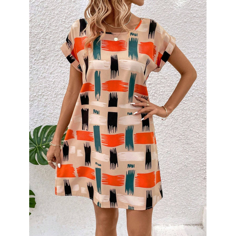 Comerț exterior transfrontalier nou în stoc Europa și Statele Unite Amazon vară cu mânecă scurtă pentru femei imprimate cu mânecă de liliac rochie rotundă