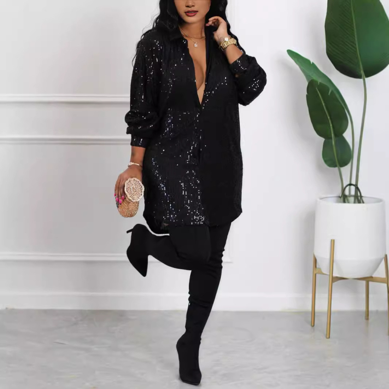 PP275 Furnizare transfrontalieră Comerț exterior Îmbrăcăminte pentru femei europene și americane Amazon Toamnă Rochie cămașă lejeră cu paiete în culori solide