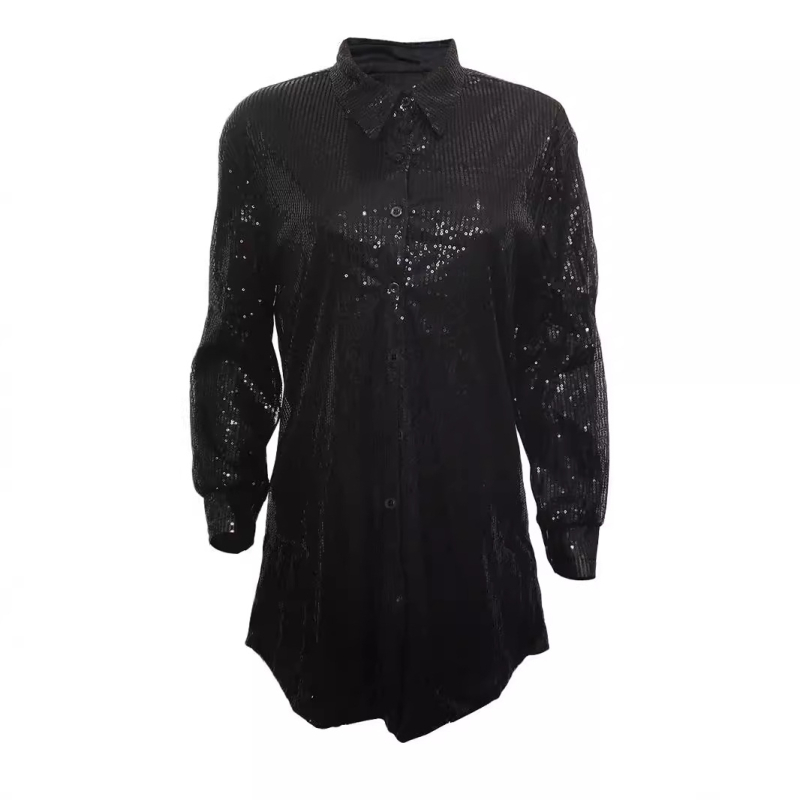 PP275 Furnizare transfrontalieră Comerț exterior Îmbrăcăminte pentru femei europene și americane Amazon Toamnă Rochie cămașă lejeră cu paiete în culori solide