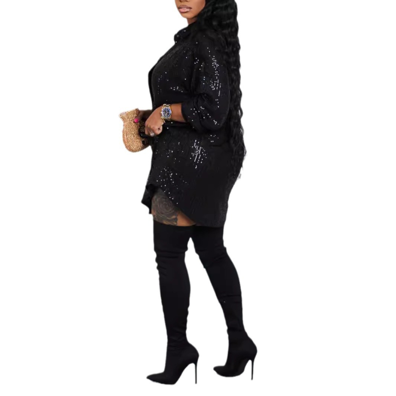 PP275 Furnizare transfrontalieră Comerț exterior Îmbrăcăminte pentru femei europene și americane Amazon Toamnă Rochie cămașă lejeră cu paiete în culori solide