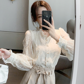 Κομψό, V-Neck, Κεντημένο, Γλυκό, Μακρυμάνικο Πουκάμισο με Δαντέλα, Γαλλικό, Μοδάτο Σχέδιο, Τοπ Western Style