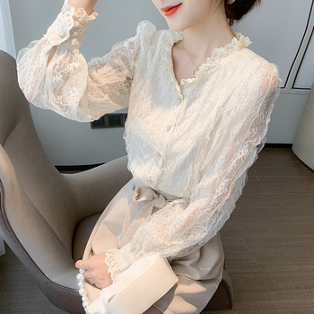 Κομψό, V-Neck, Κεντημένο, Γλυκό, Μακρυμάνικο Πουκάμισο με Δαντέλα, Γαλλικό, Μοδάτο Σχέδιο, Τοπ Western Style