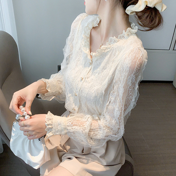 Κομψό, V-Neck, Κεντημένο, Γλυκό, Μακρυμάνικο Πουκάμισο με Δαντέλα, Γαλλικό, Μοδάτο Σχέδιο, Τοπ Western Style