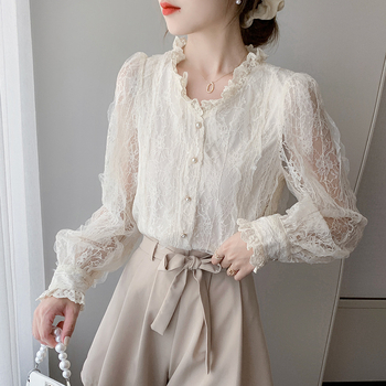 Κομψό, V-Neck, Κεντημένο, Γλυκό, Μακρυμάνικο Πουκάμισο με Δαντέλα, Γαλλικό, Μοδάτο Σχέδιο, Τοπ Western Style