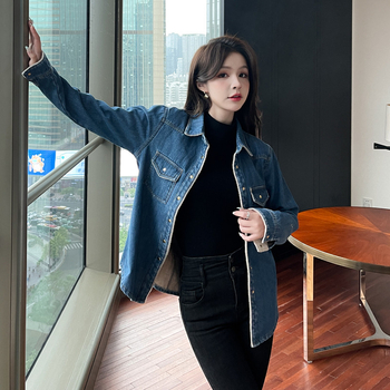 Πραγματικό πλάνο κορεάτικου βελούδινου τζιν πουκάμισου για γυναίκες 2025 Φθινόπωρο και Χειμώνας Νέο στενό μπουφάν με ευέλικτο τελείωμα