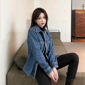 Πραγματικό πλάνο κορεάτικου βελούδινου τζιν πουκάμισου για γυναίκες 2025 Φθινόπωρο και Χειμώνας Νέο στενό μπουφάν με ευέλικτο τελείωμα