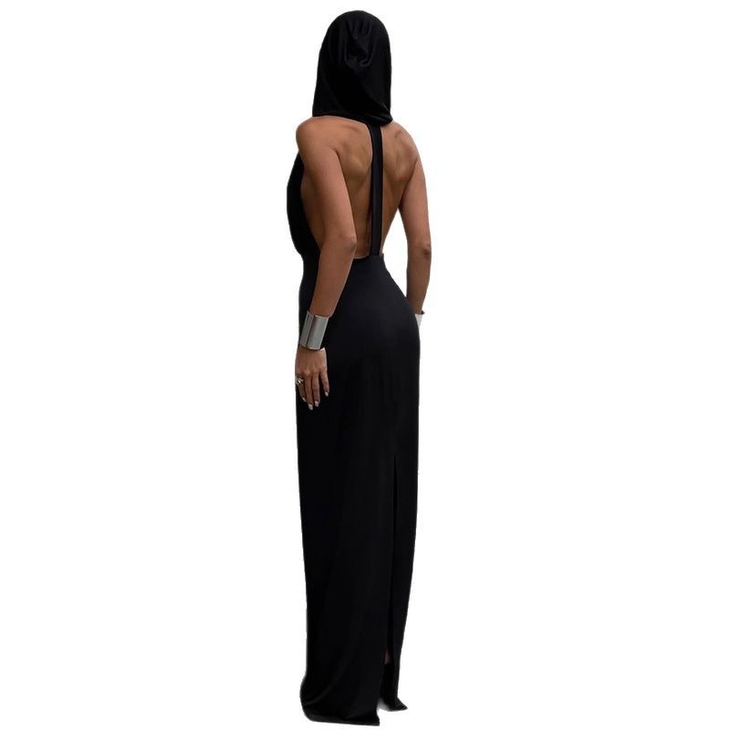 Rochie de iarnă nouă pentru femei, stil european și american, cu guler în V mare, fără spate, subțire, de culoare solidă, cu glugă, în stil european și american 2024