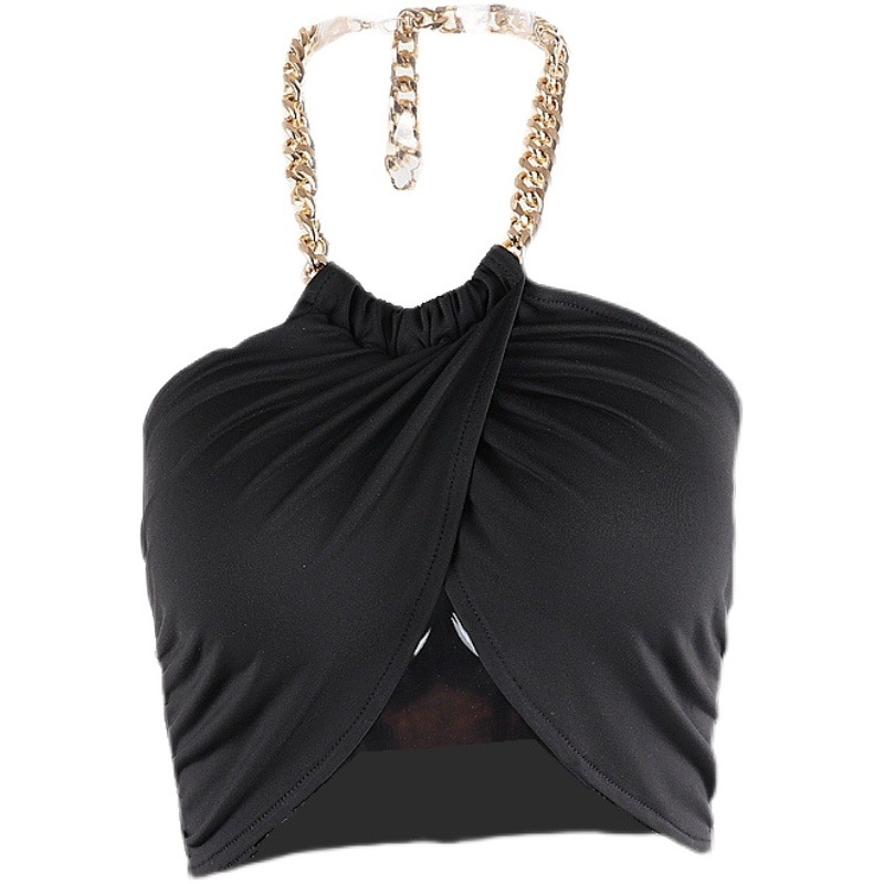 Euroopa ja Ameerika metallketiga seljata kaelusega vest naistele Instagramis populaarne lühikeste nabaosadega topp kevad- ja sügisdisain