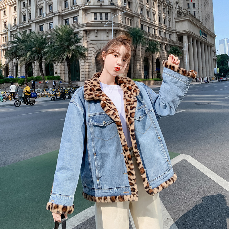Palton de iarnă 2023, cu două fețe, din denim, pentru femei, în stil coreean, lejer, slăbit, cool, frumos, cu imprimeu leopard, imitație de blană de iepure, palton cu bumbac